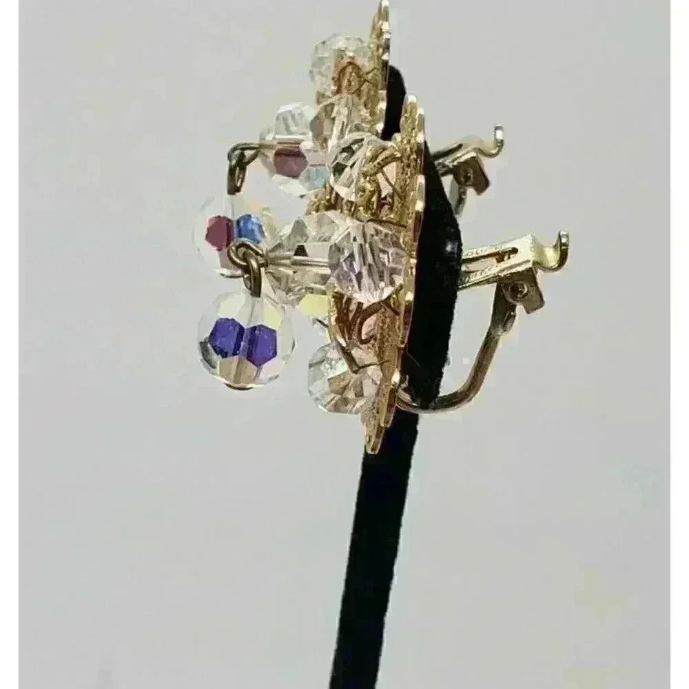 Vintage Earrings Clip Gold Filigree AB Crystal Dangle Soft Touch 1950 Fancy